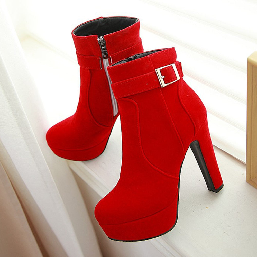 Women's Buckle High Heel Ankle Zipper Platform Ankle Boots