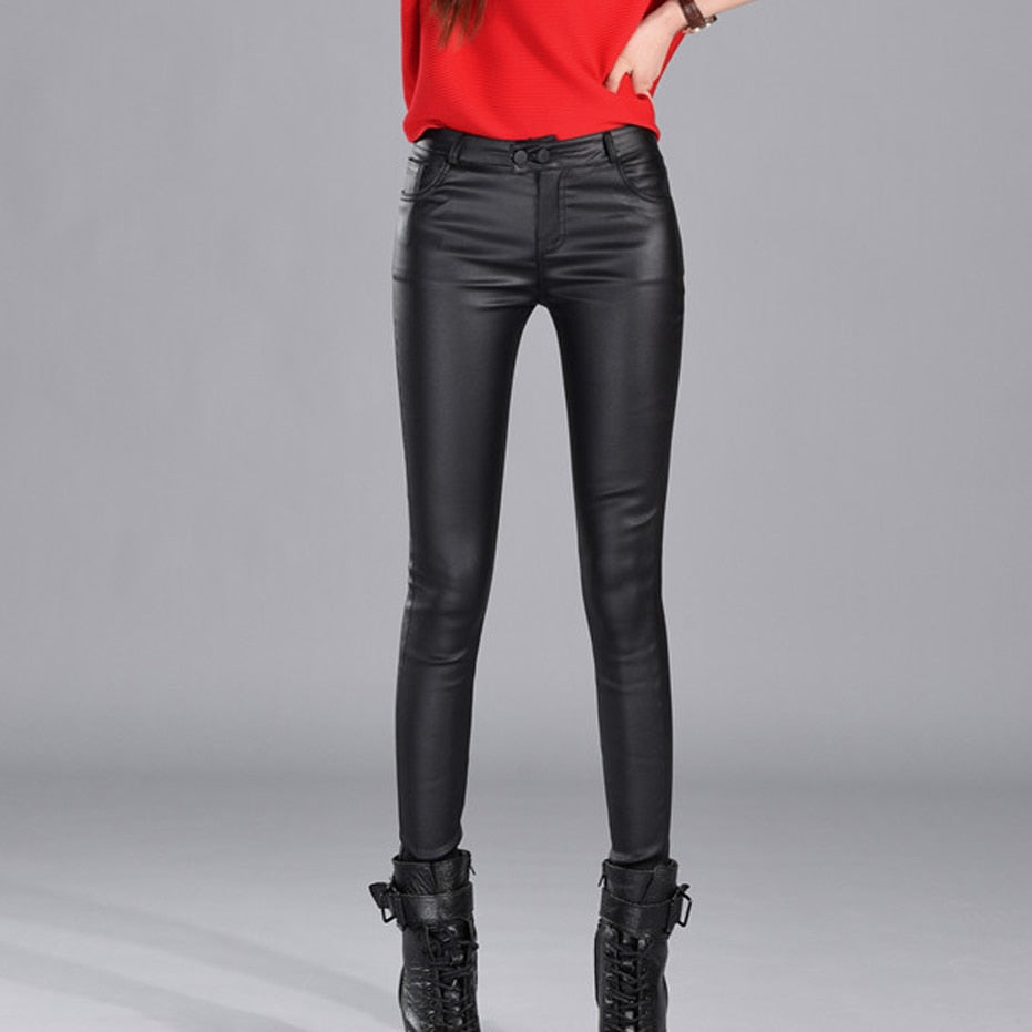 Black Faux Leather Slim High Waist Casual Ladies Pants