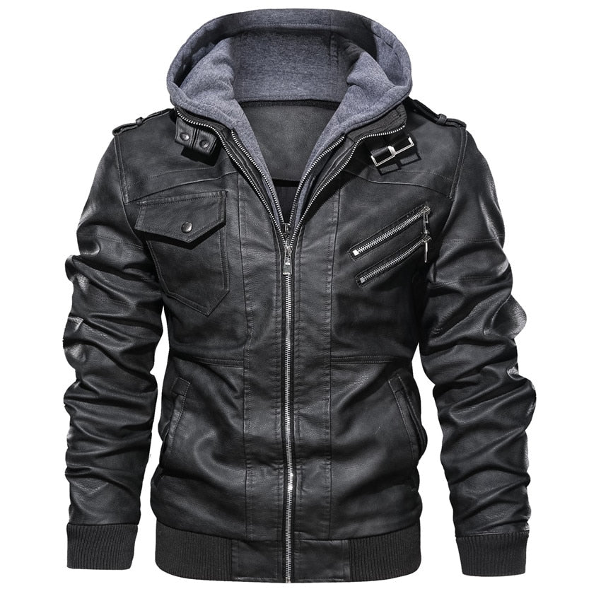 Detachable Hood Men's Leather Motorcycle PU Biker Jacket