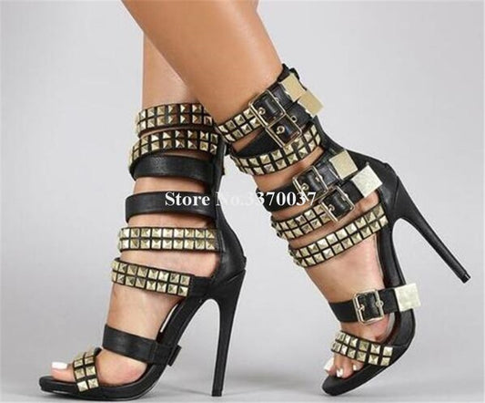 Metal Rivet Buckle Gladiator Denim Patchwork Stiletto Studded Sandal Pumps