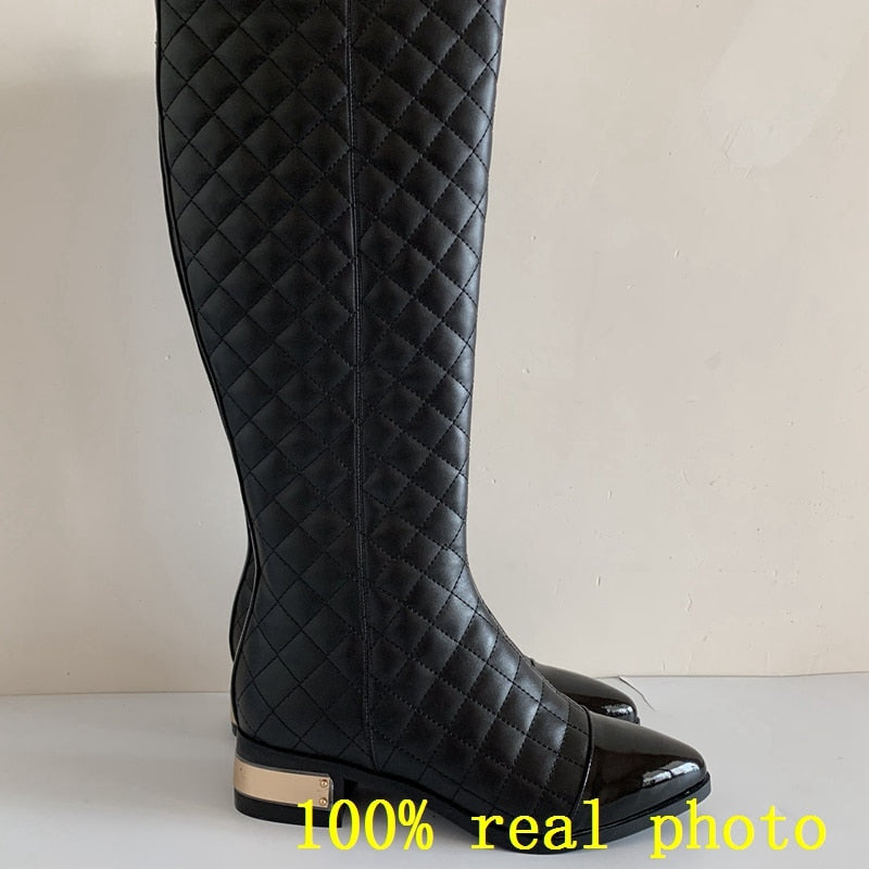 Quilted Genuine Leather Low Square Heel Knee High Boots