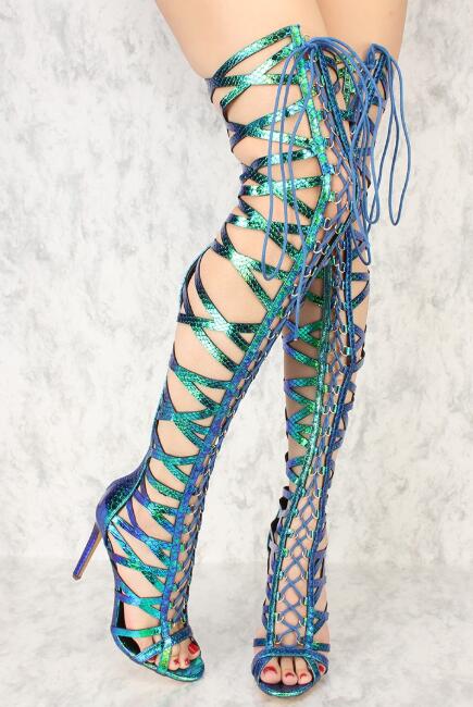 Lace Up Thigh High Stiletto Peep Toe Cross-Tied Gladiator Sandal Boots