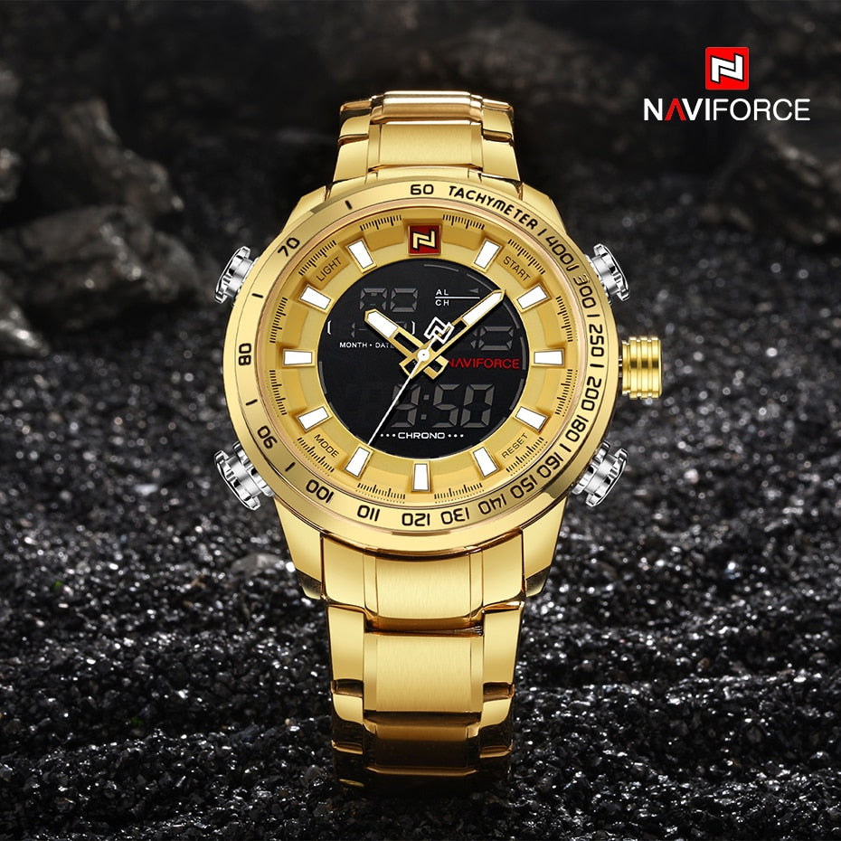 Men's Gold Quartz LED Waterproof Watches