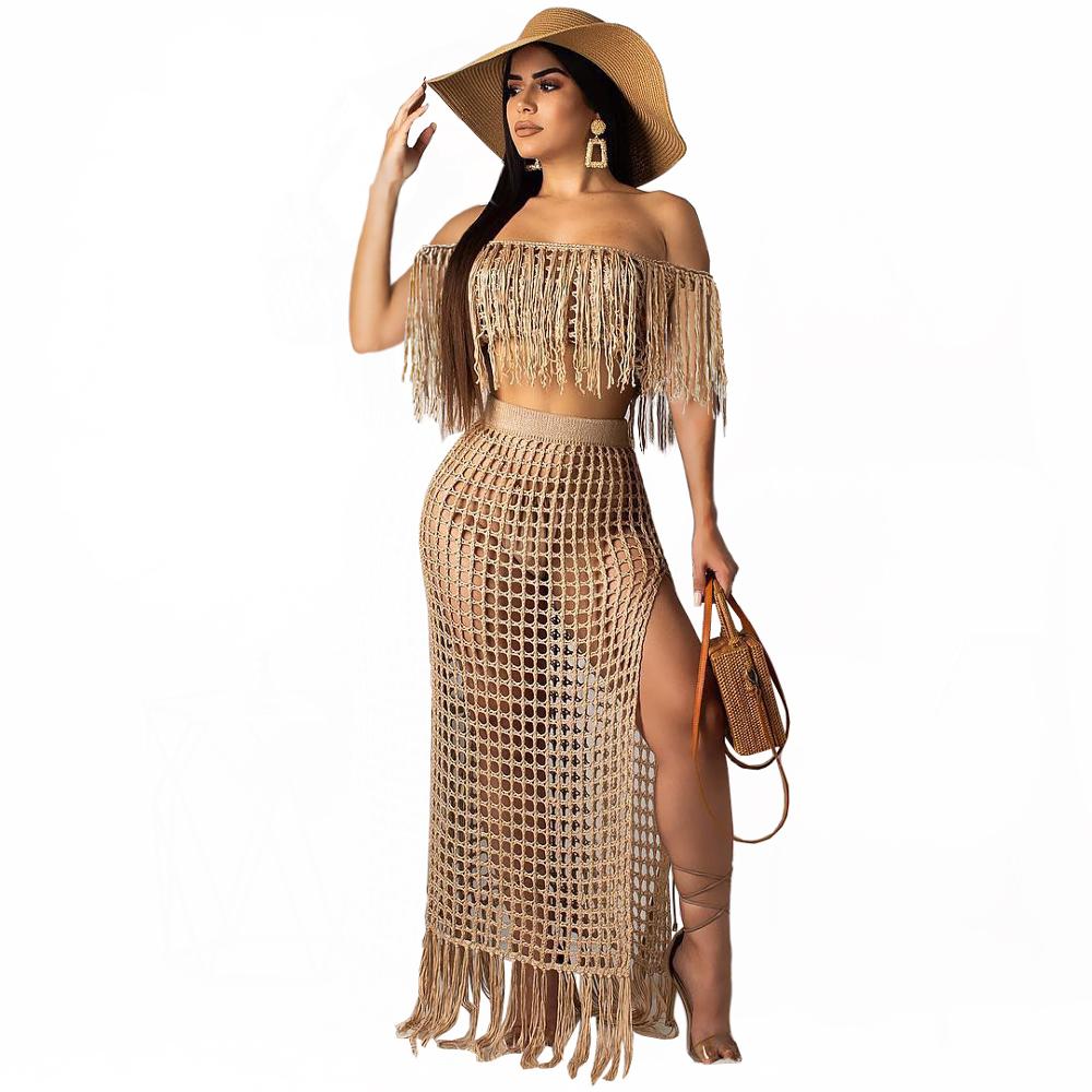 Crocheted Tassel Design Hollow-Out Solid 2-Piece Cover Up Swimwear Set