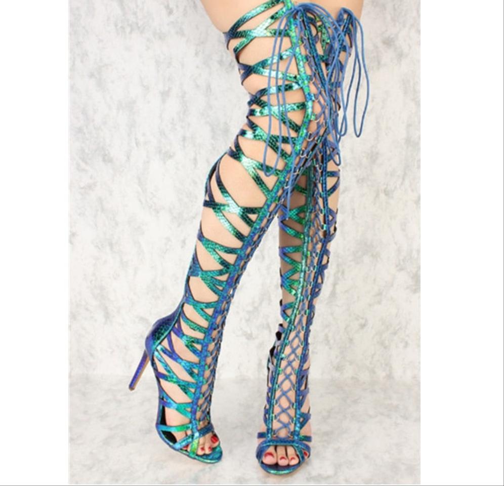 Lace Up Thigh High Stiletto Peep Toe Cross-Tied Gladiator Sandal Boots