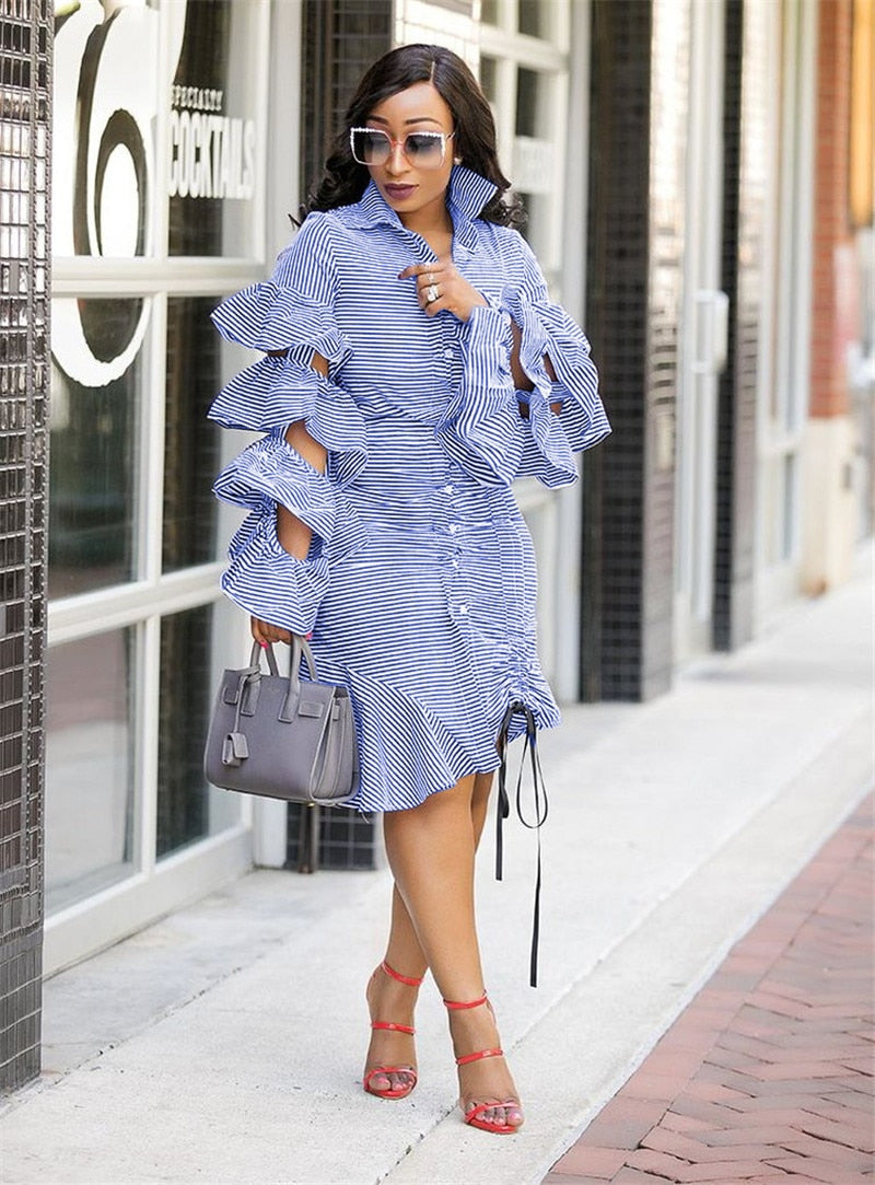 Ruffle Sleeve Striped Irregular Button Up Drawstring Midi Dress