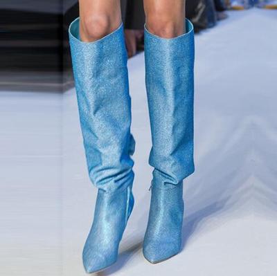 Bowtie Glitter Pointed Toe Thin Heel Ladies Knee High Boots