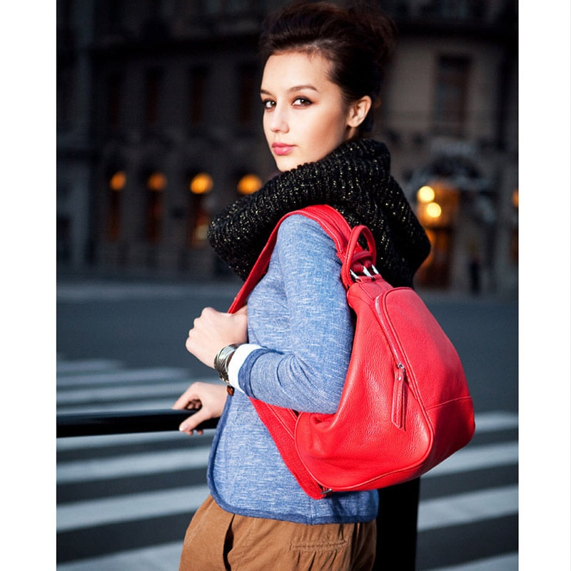 Solid Color Genuine Leather Ladies Top Layer Cowhide Backpack