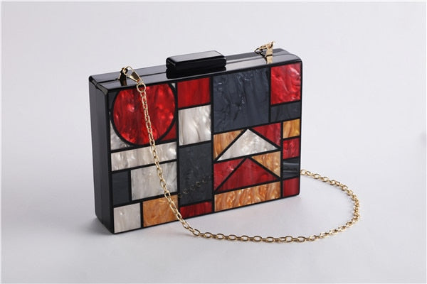 Ladies Patchwork Acrylic Geometric Metal Chain Strap Clutch Purse