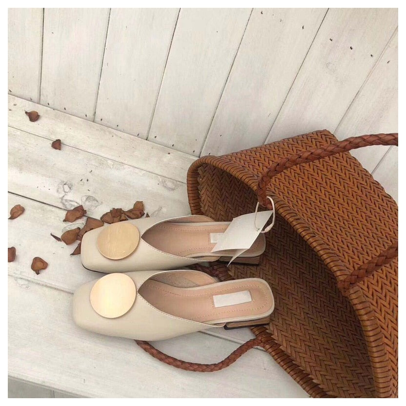 British Gold Round Buckle Wooden Block Heel Flats