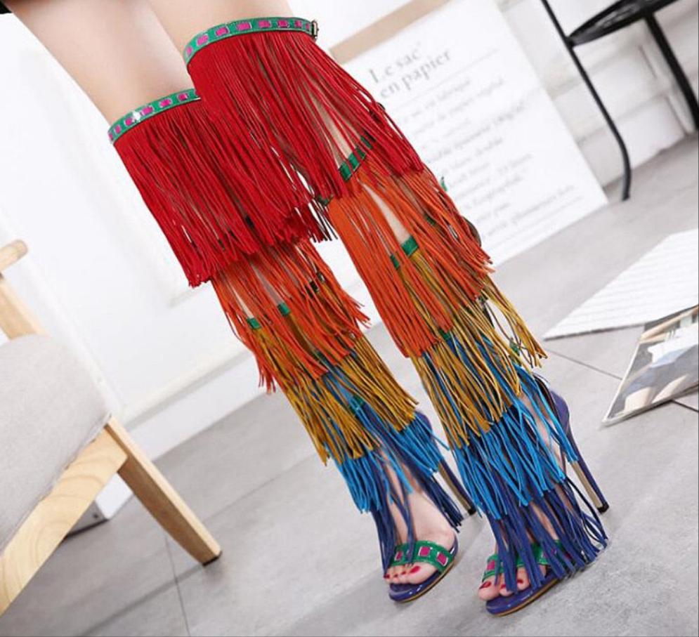 Rainbow Tassel Fringe Over-The-Knee Gladiator Open Toe Platform Sandal Boots