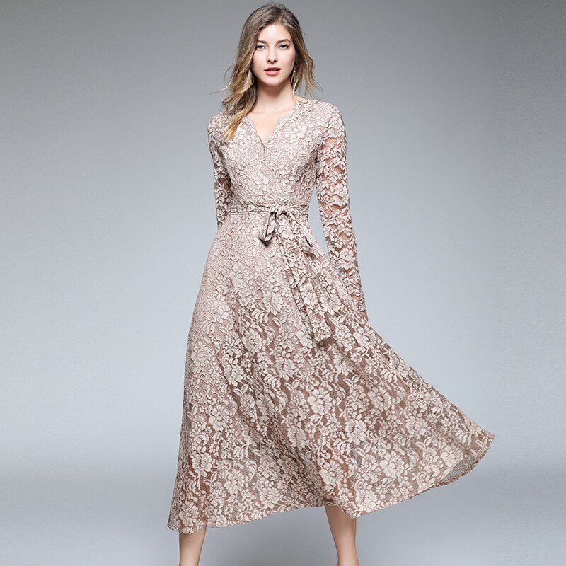 Women's Long Sleeve Maxi Vetement V-Neck Long Lace Party Dress