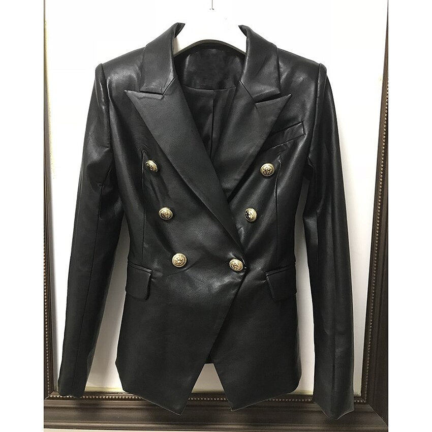 Black Ladies Plus Sized Leather Lion Button Blazer S-3XL