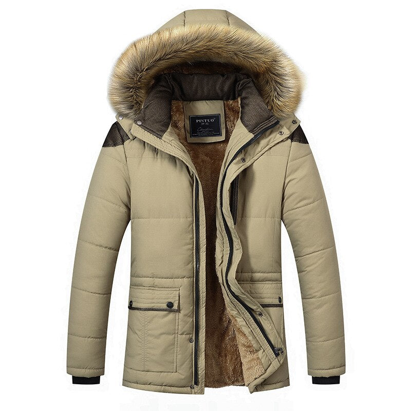 Men's Fur Collar Hooded Wool Lined Winter 3/4 Length Coat