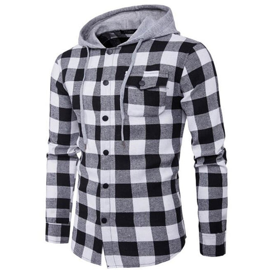 Men's Drawstring Hooded Long Sleeve Plaid Shirt