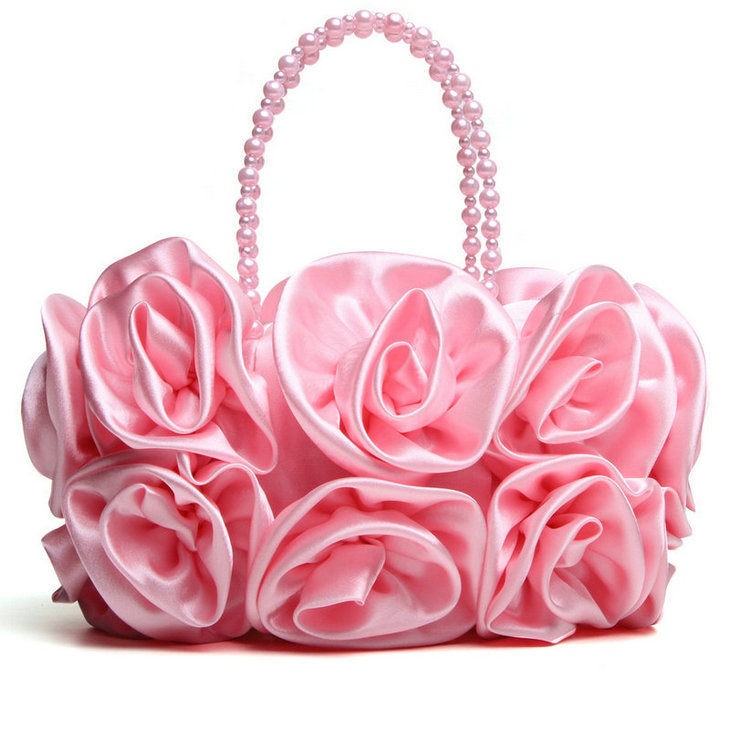 Flower Rose Satin Beaded Handle Purse