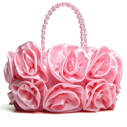 Flower Rose Satin Beaded Handle Purse