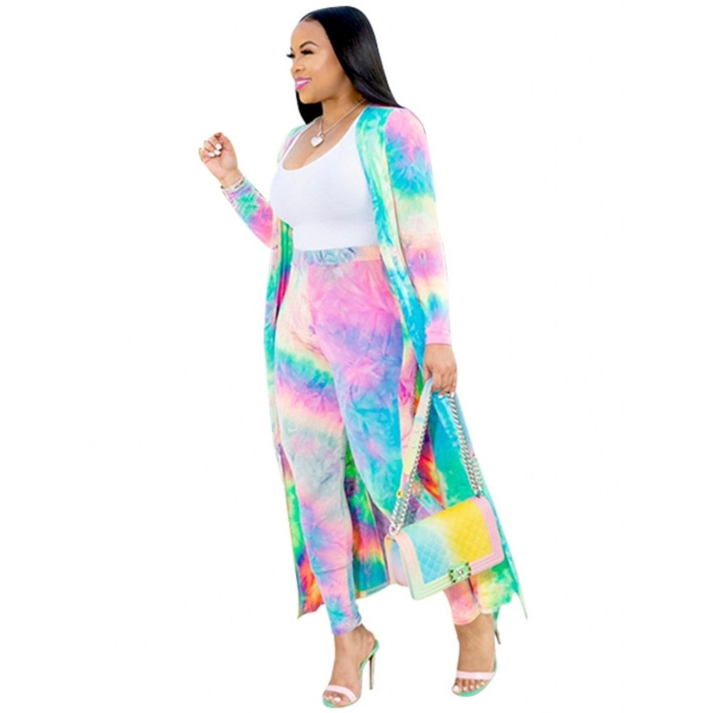 Tie Dye/Printed/Geometric Long Sleeve Maxi Jacket + Elastic Leggings Plus Size 2-Piece Set