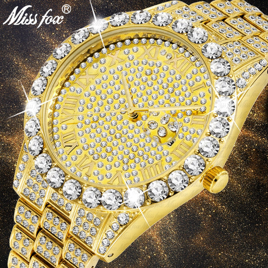 Sparkling Men's 18k Gold Plated Classic Hexagon Big Diamond Watch