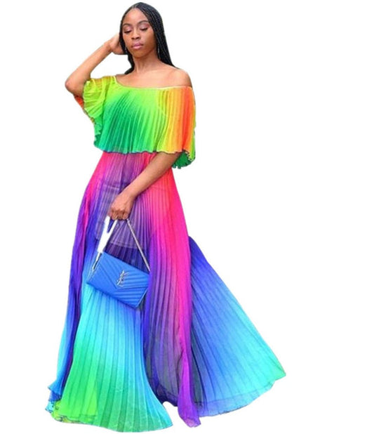 Gradient Pleated African Beach Dress