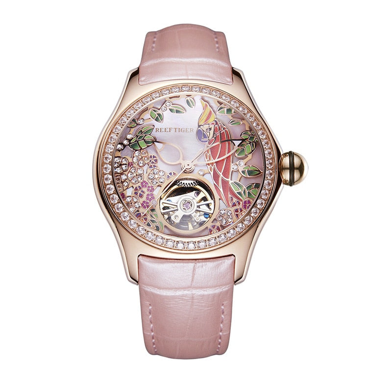 Sapphire Crystal Women's Waterproof Diamond Automatic Tourbillon Leather Strap Watch