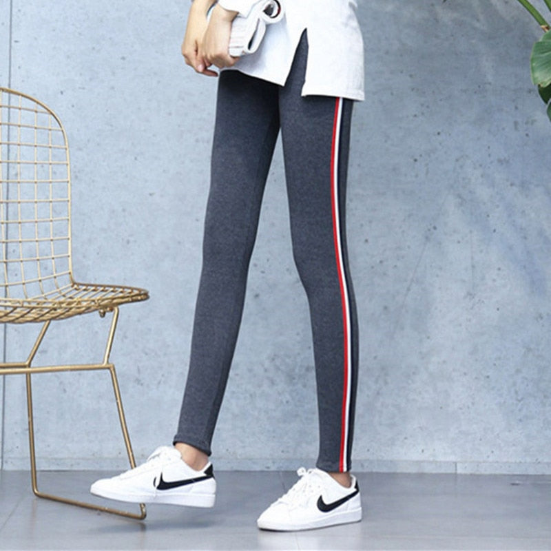 Solid Women's Cotton Side Striped Casual High Waisted Fitness Leggings to 5X