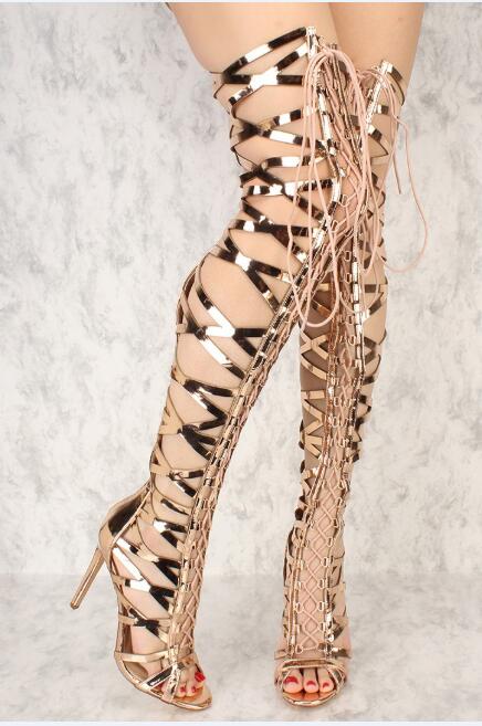 Lace Up Thigh High Stiletto Peep Toe Cross-Tied Gladiator Sandal Boots