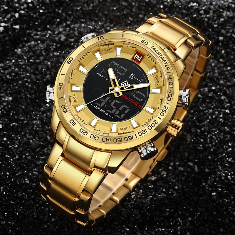 Men's Gold Quartz LED Waterproof Watches