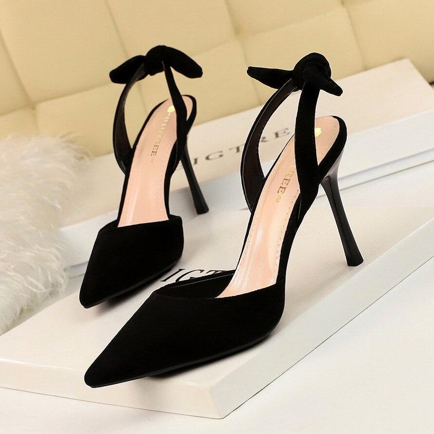 Bowtie Back Strap Shallow Suede Pointed Toe High Heel Pumps