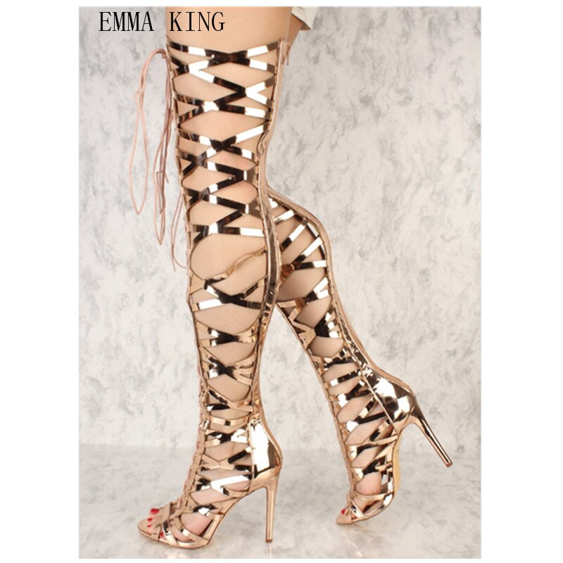 Lace Up Thigh High Stiletto Peep Toe Cross-Tied Gladiator Sandal Boots