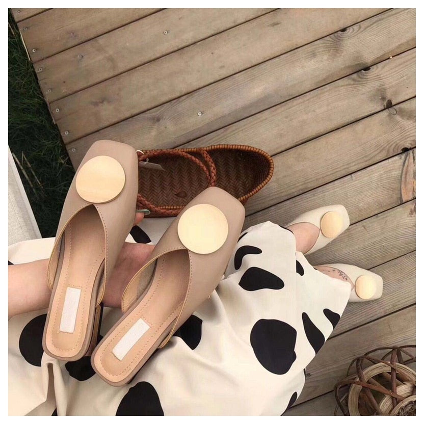 British Gold Round Buckle Wooden Block Heel Flats