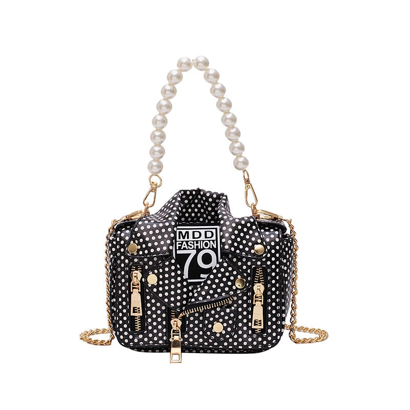 Polka Dot Mini Jacket Pearl Handle Chain Crossbody Purse