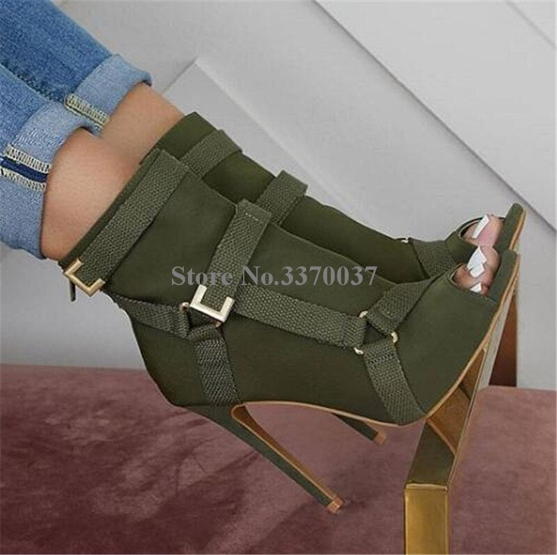 Peep Toe Suede Leather Stiletto Heel Buckle Strap Ankle Boots