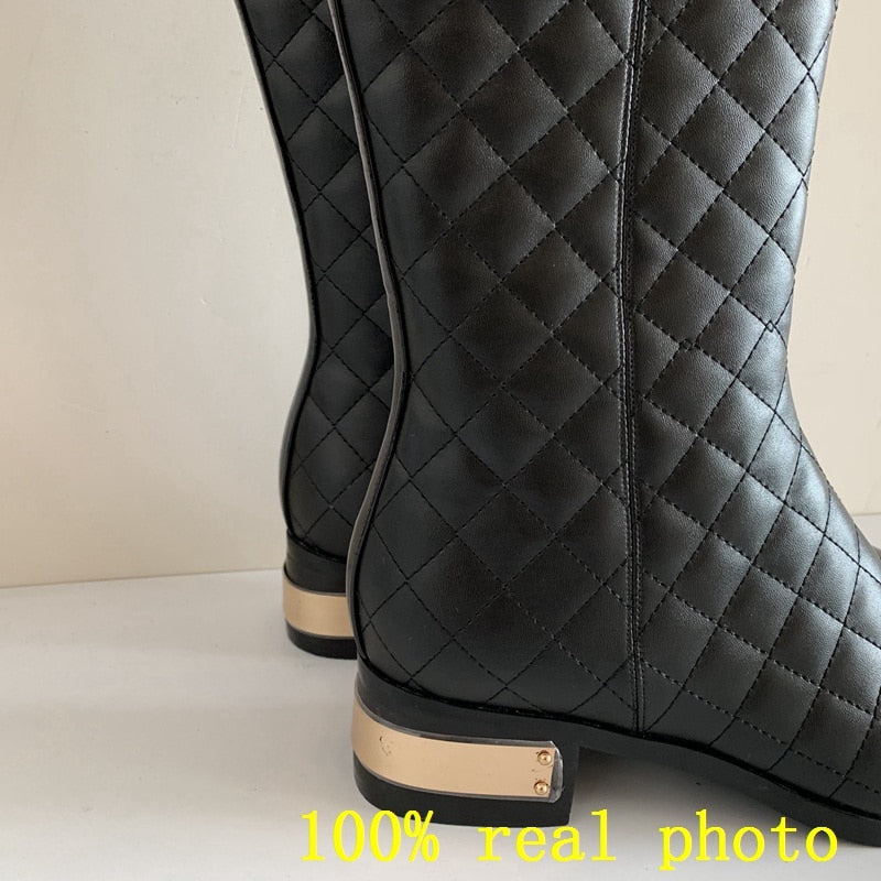 Quilted Genuine Leather Low Square Heel Knee High Boots