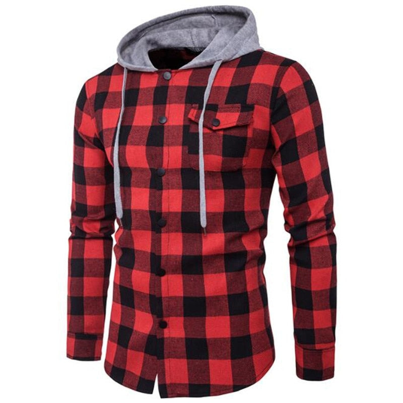 Men's Drawstring Hooded Long Sleeve Plaid Shirt