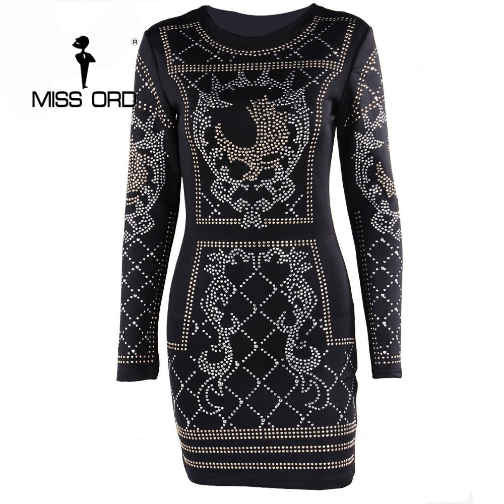 Reflective Sequin O-Neck Long-Sleeved Black Mini Dress