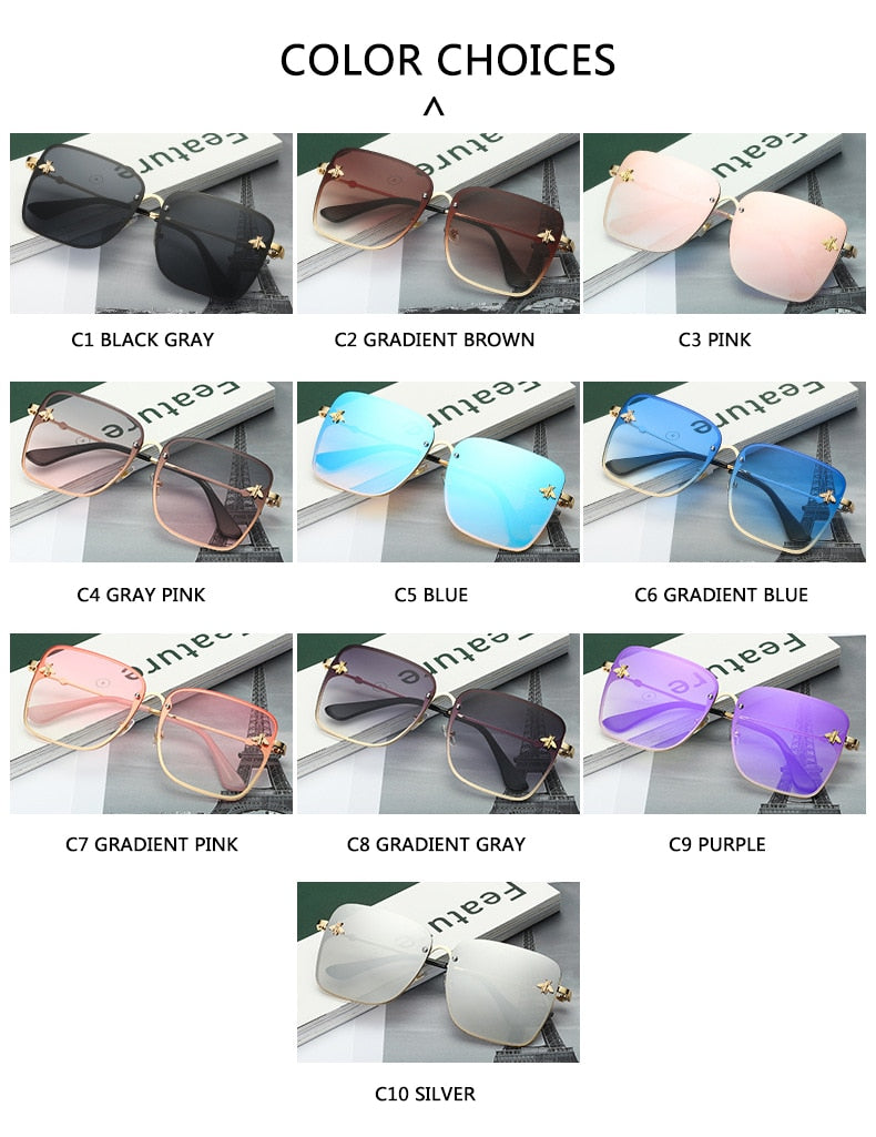 Unisex Oversize Rimless Square Bee Gradient Sunglasses UV400