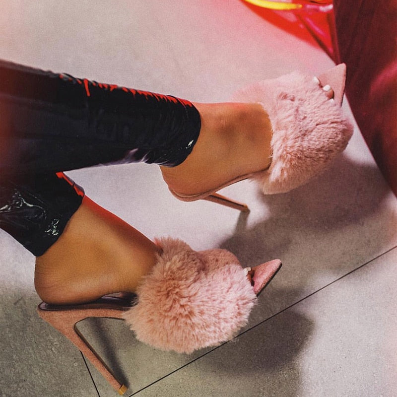 Solid Faux Fur High Stiletto Heel Mule Sandal Pumps