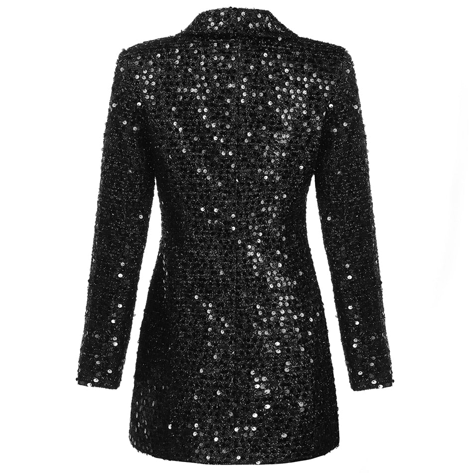 Double Lion Button Shawl Collar Glitter Sequined Long Runway Black Blazer