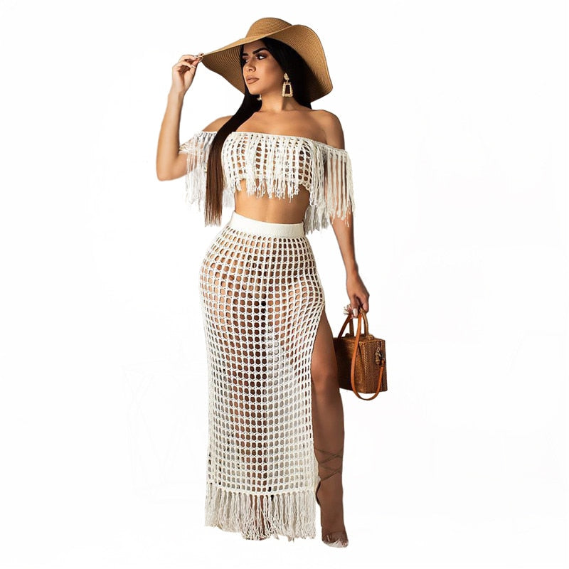 Crocheted Tassel Design Hollow-Out Solid 2-Piece Cover Up Swimwear Set