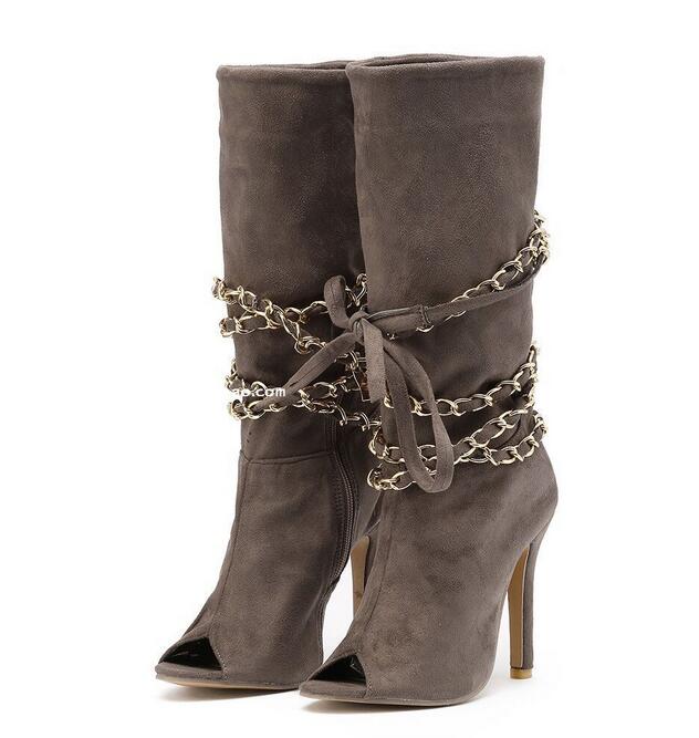 Draped Cross Strap Chain Peep Toe Ladies Zipper Ankle Boots