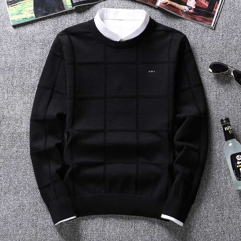 Men's Cashmere Checker Design  Solid O-Neck Long Sleeve Pullover Sweater