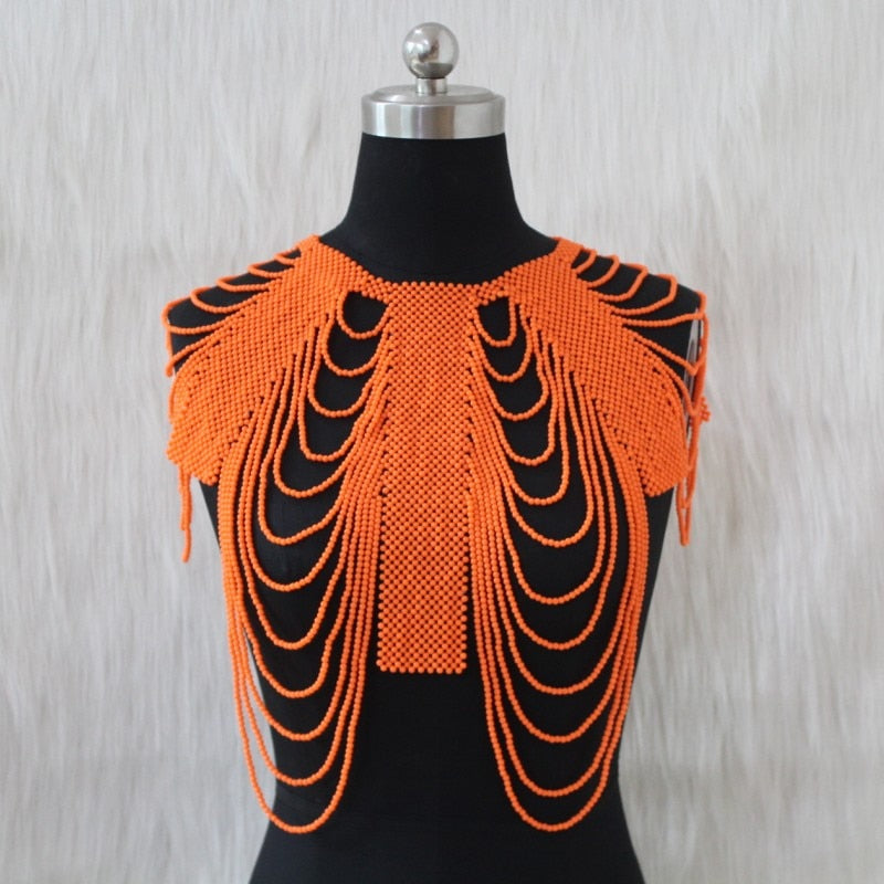 Acrylic Beaded Shoulder Bridal Wedding Jewelry Orange / Red / Pink Long African Collar Necklace