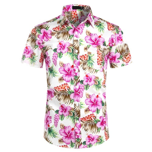 Men's Hawaiian Tropical Pink Floral Beach Short Sleeve Shirt