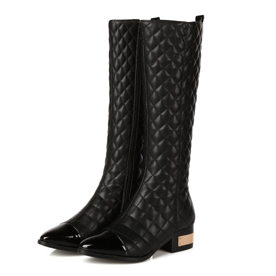 Quilted Genuine Leather Low Square Heel Knee High Boots