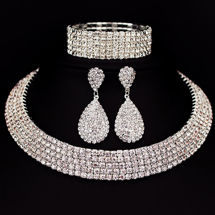 Bride/Formal Rhinestone Crystal Choker Necklace Earrings & Bracelet Wedding Jewelry Sets