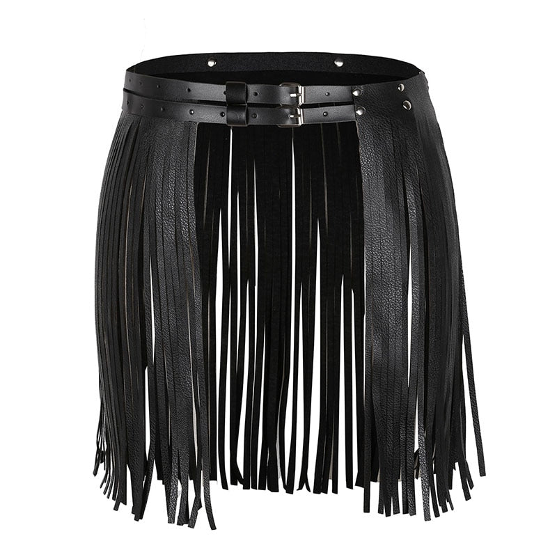 Women's Adjustable Faux Leather Waistband Fringe Tassel Belt Skirts