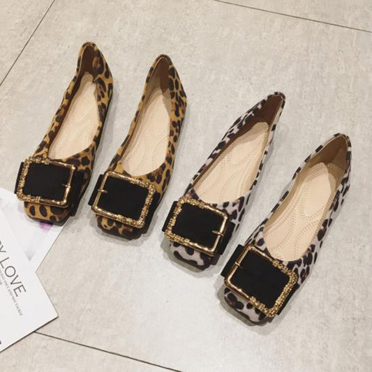 Leopard Print Gold Metal Buckle Design Women's Flat Shoes