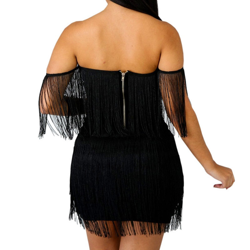 Tassels Bandage V-Neck Off-the-Shoulder Fringe Mini Dress