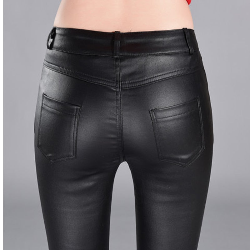 Black Faux Leather Slim High Waist Casual Ladies Pants